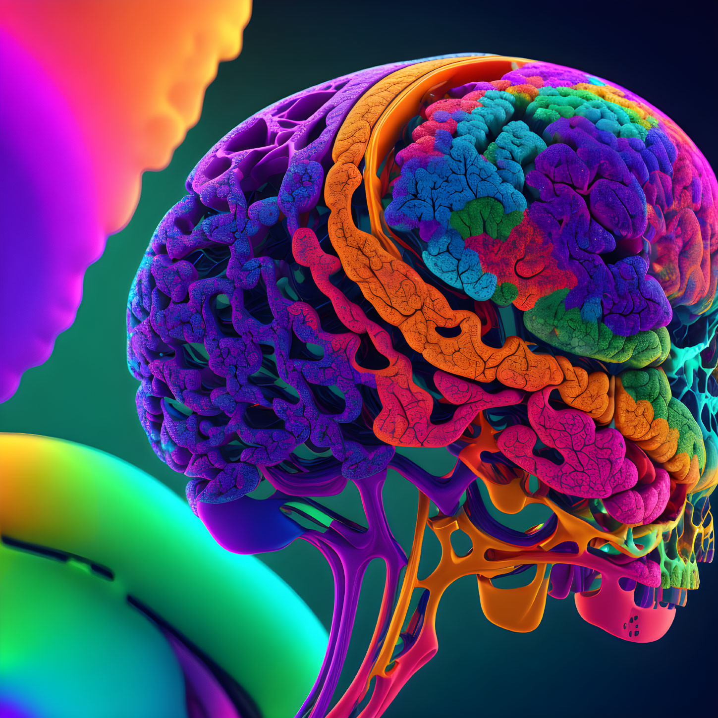 Colorful 3D human brain illustration on dark background