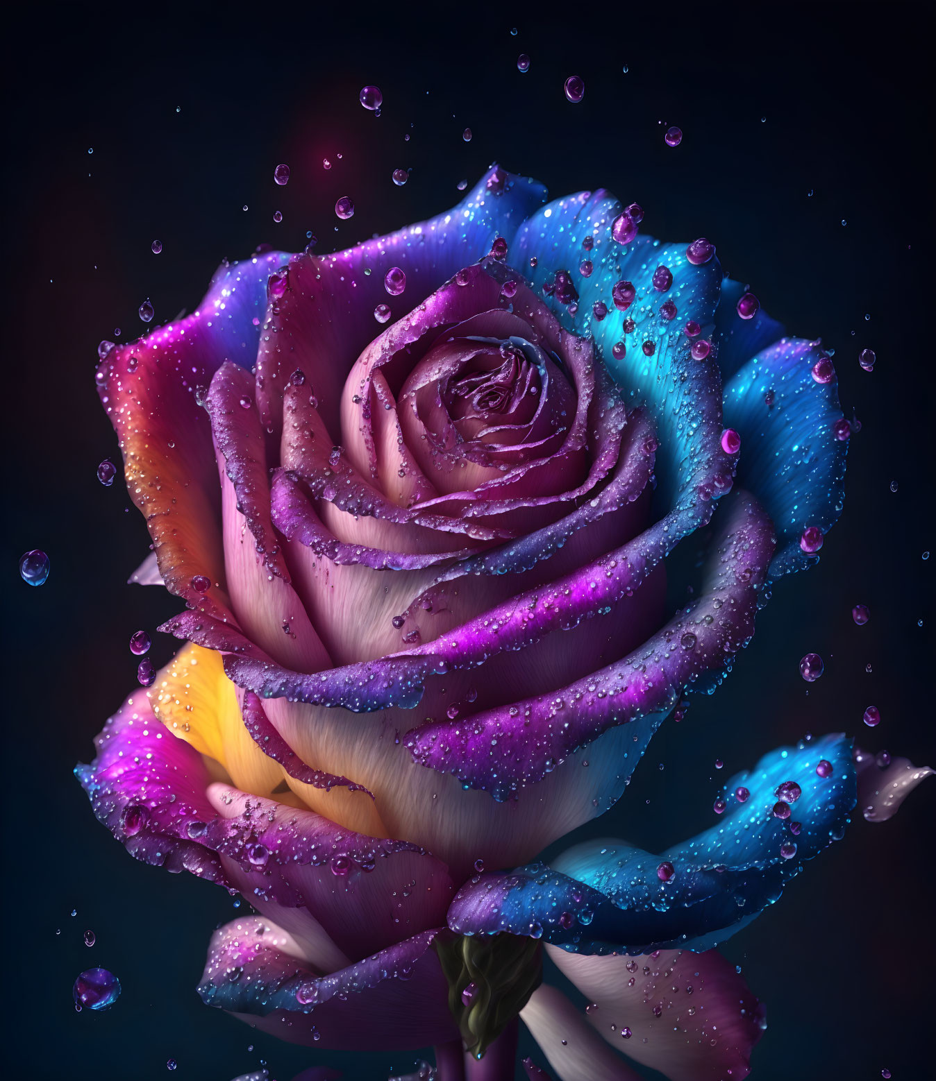 Multicolored rose with water droplets on dark background