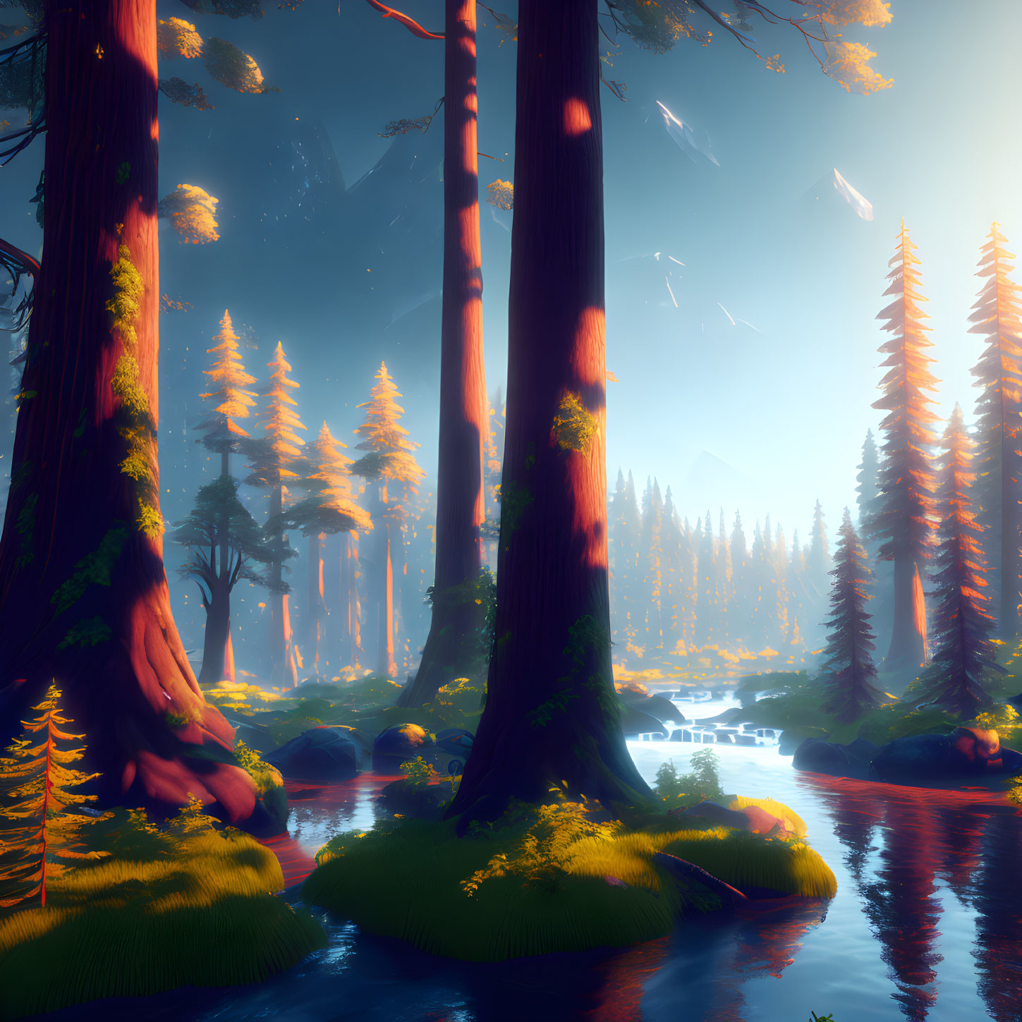 Tranquil forest scene with tall trees, river, mossy rocks, and sunlight rays.