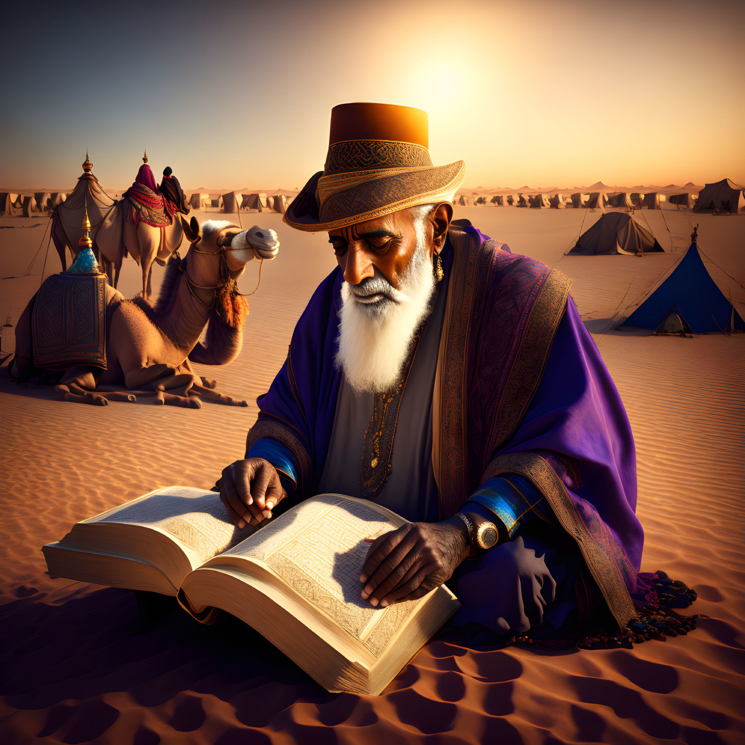 Elderly man reading book in desert at sunset with camels and tents