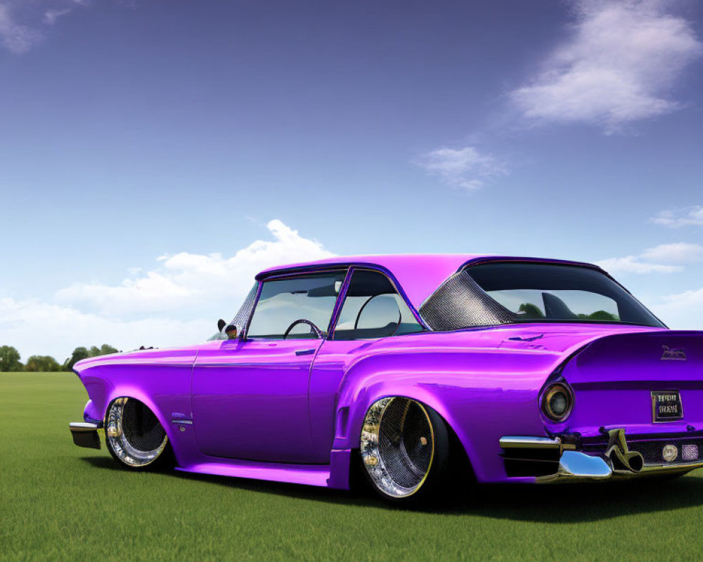 Purple Classic Car with Chrome Wheels Parked in Grass Field