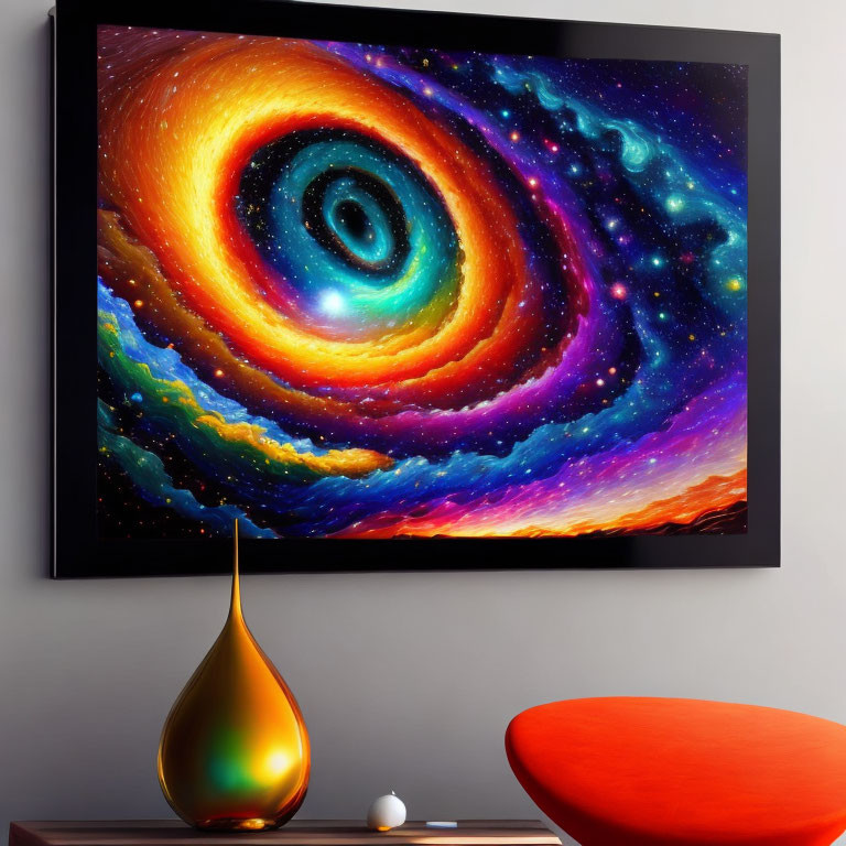 Colorful cosmic painting above modern shelf with teardrop sculpture & red table