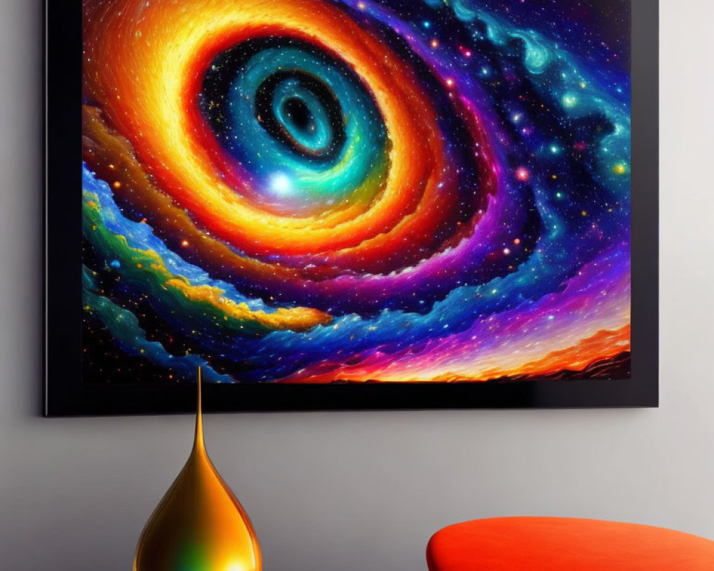 Colorful cosmic painting above modern shelf with teardrop sculpture & red table