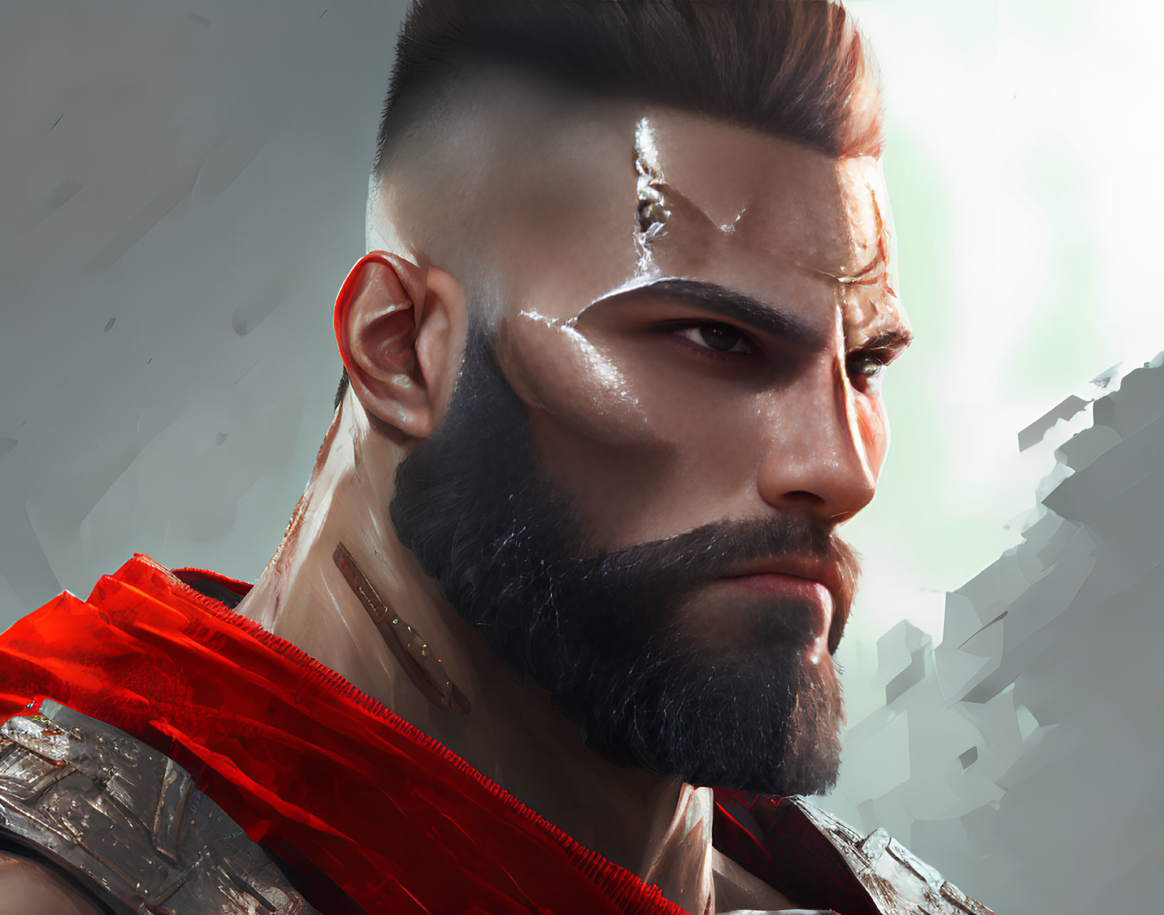 Intense man portrait with scar, beard, and red collar