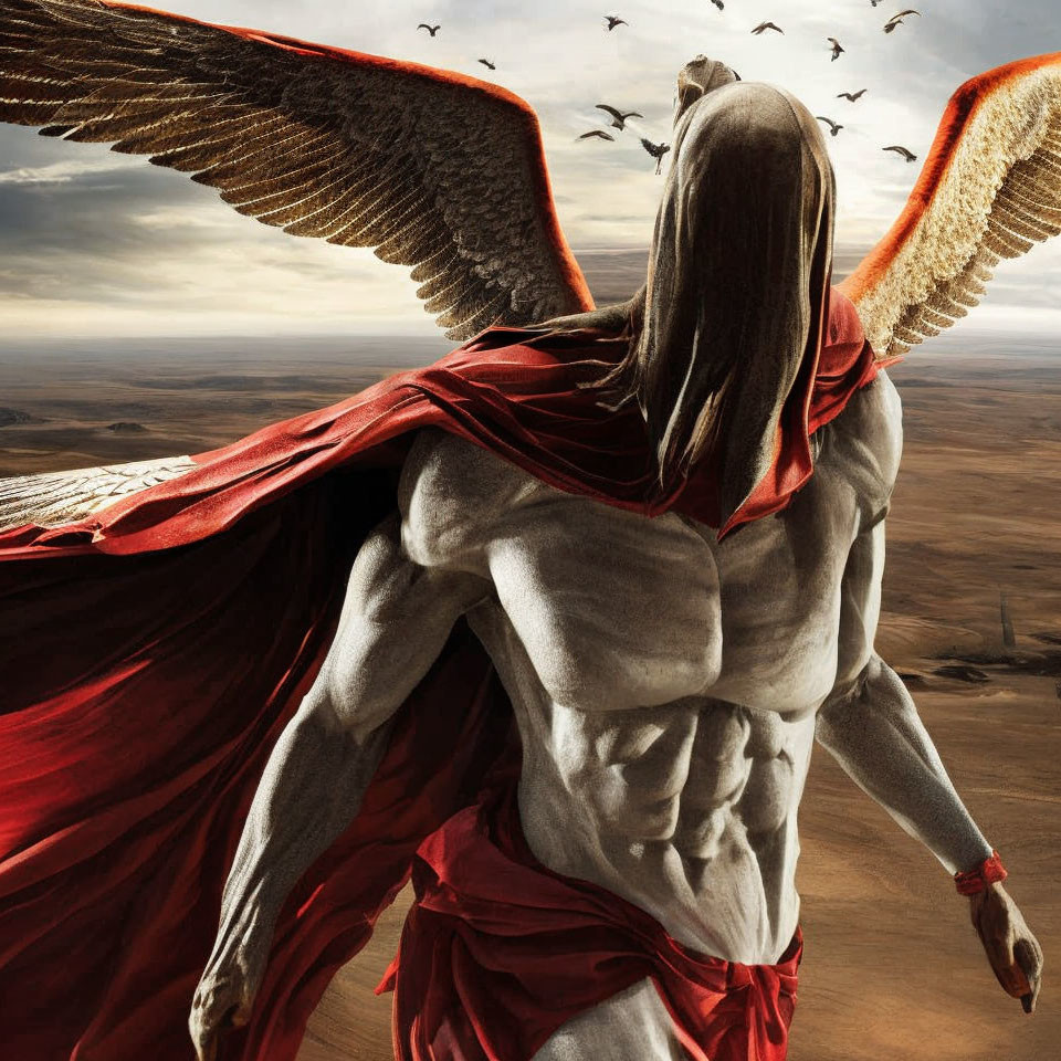 Muscular winged figure in red cape gazes at cloudy sky with flying birds