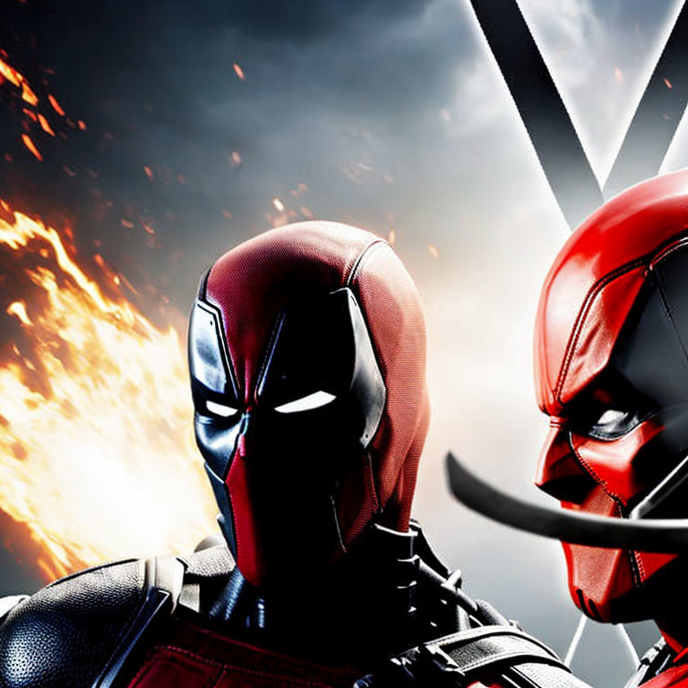 Two masked characters in red and black suits with swords, set against a fiery explosion.