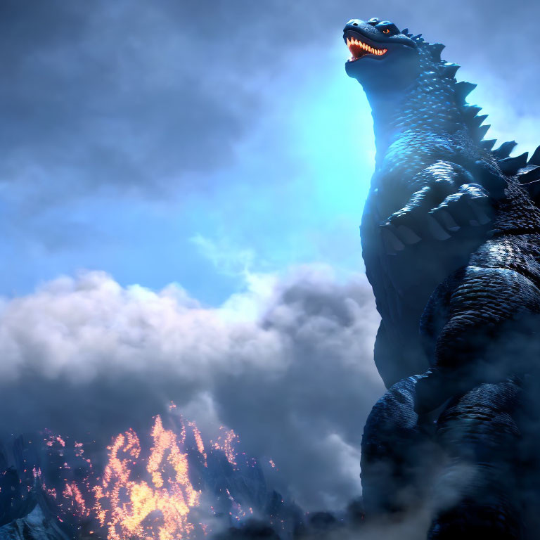 Monstrous Godzilla emitting blue energy in fiery scene