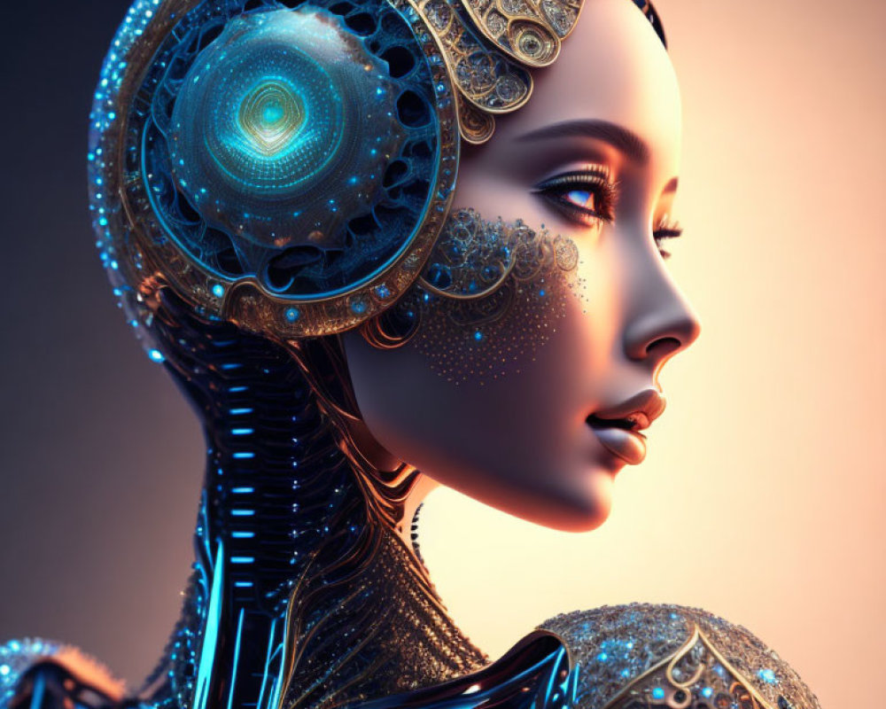 Female robotic figure with gold and blue patterns on warm gradient background