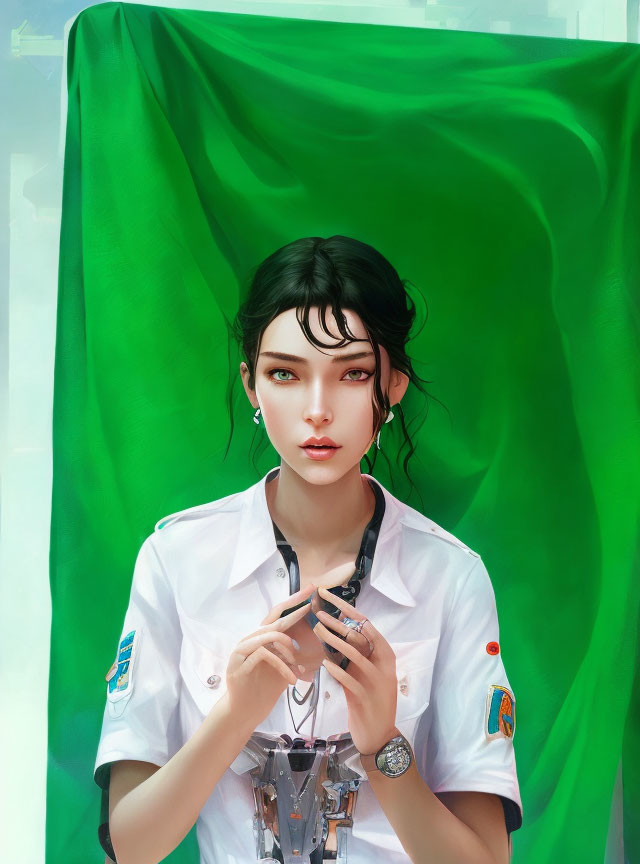 Digital artwork featuring woman with black hair, green eyes, white shirt, badge, watch, silver necklace