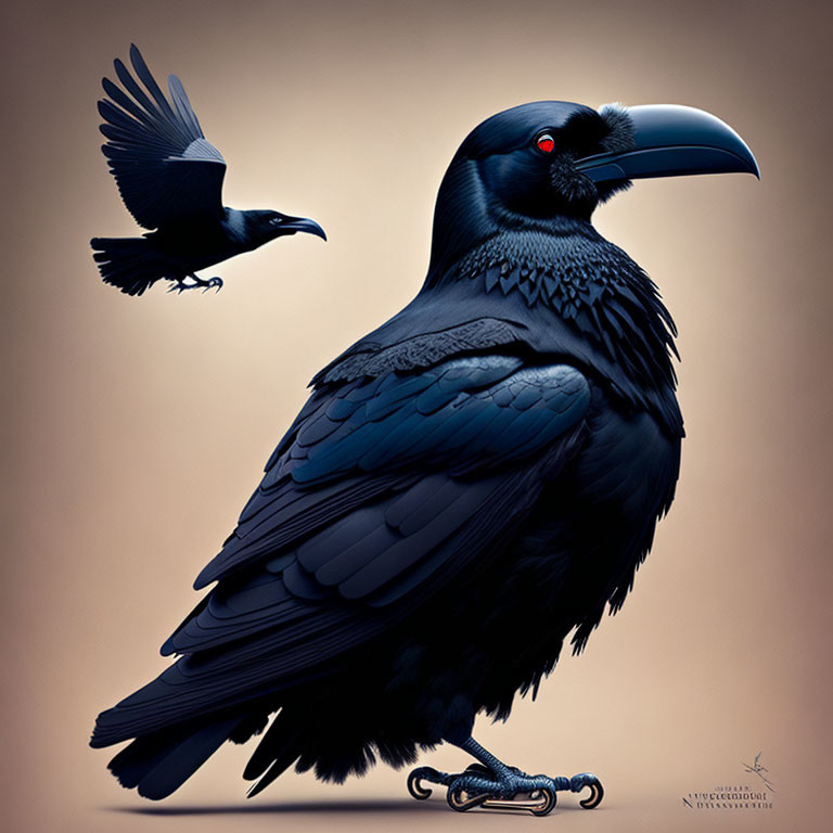 Detailed Illustration: Large Black Raven with Red Eye Perched, Second Raven in Flight, Beige