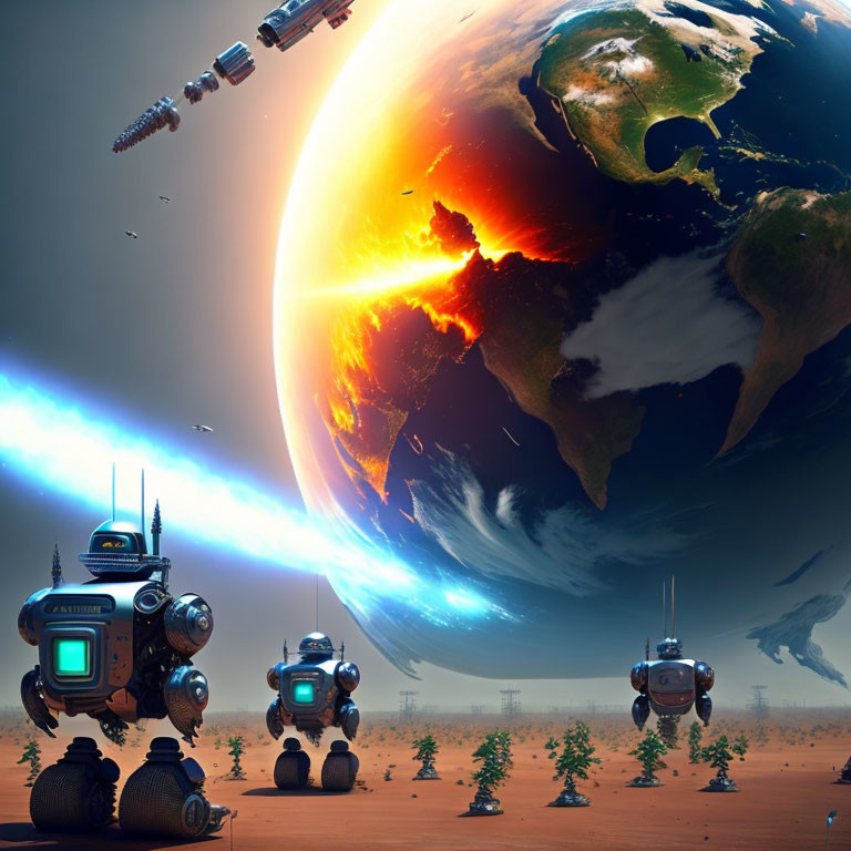 Futuristic robots on barren landscape with Earth and space artifacts in sky