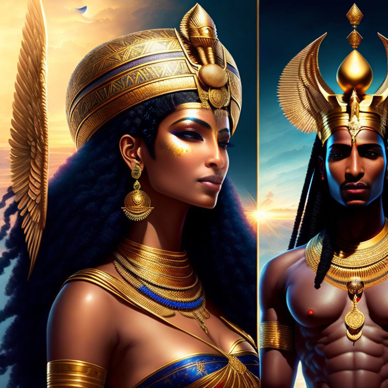 Stylized illustrated portraits of regal woman and man in Egyptian attire