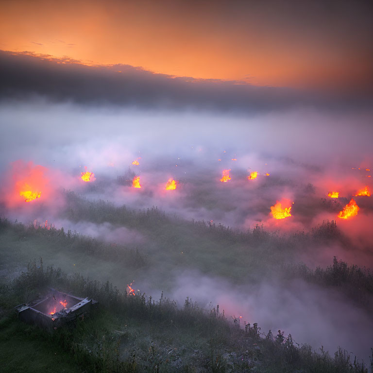 Misty Landscape with Glowing Fires and Serene Sky Gradient