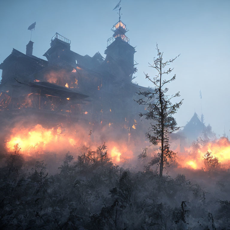 Spooky mansion surrounded by fog, flames, and barren trees