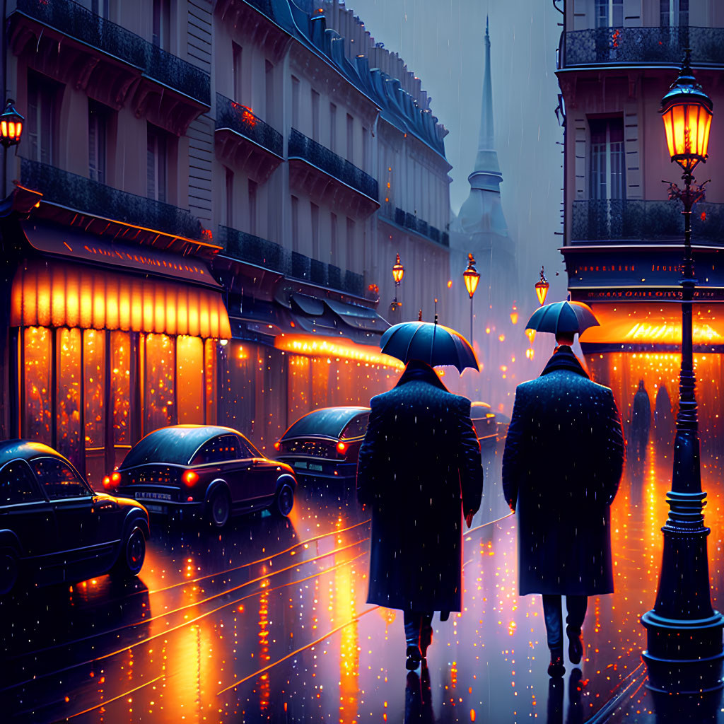 City evening scene: Rain, umbrellas, vibrant street with classical architecture and cars