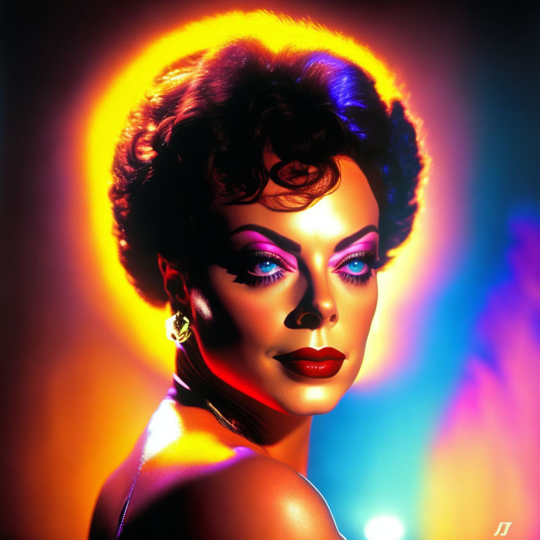 Stylized portrait of woman with vintage makeup and vibrant backlighting