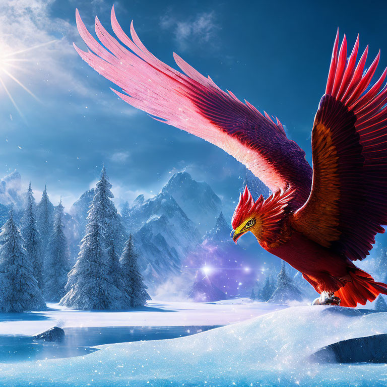 Large Red Bird Soaring Over Snowy Landscape with Pine Trees and Frozen Lake