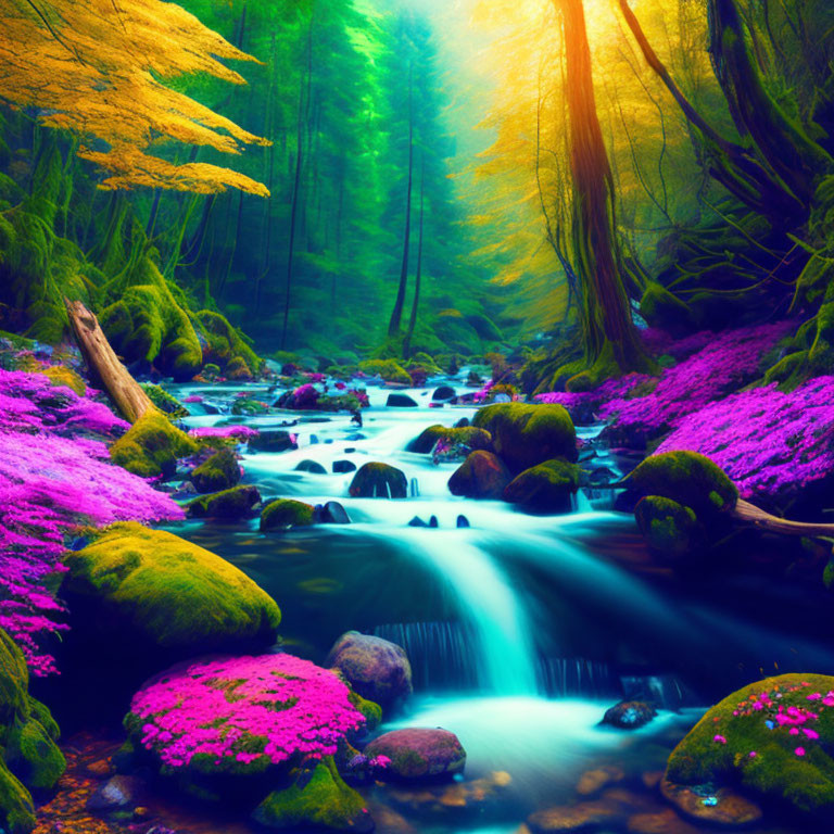 Lush Forest Scene with Waterfall and Purple Flowers