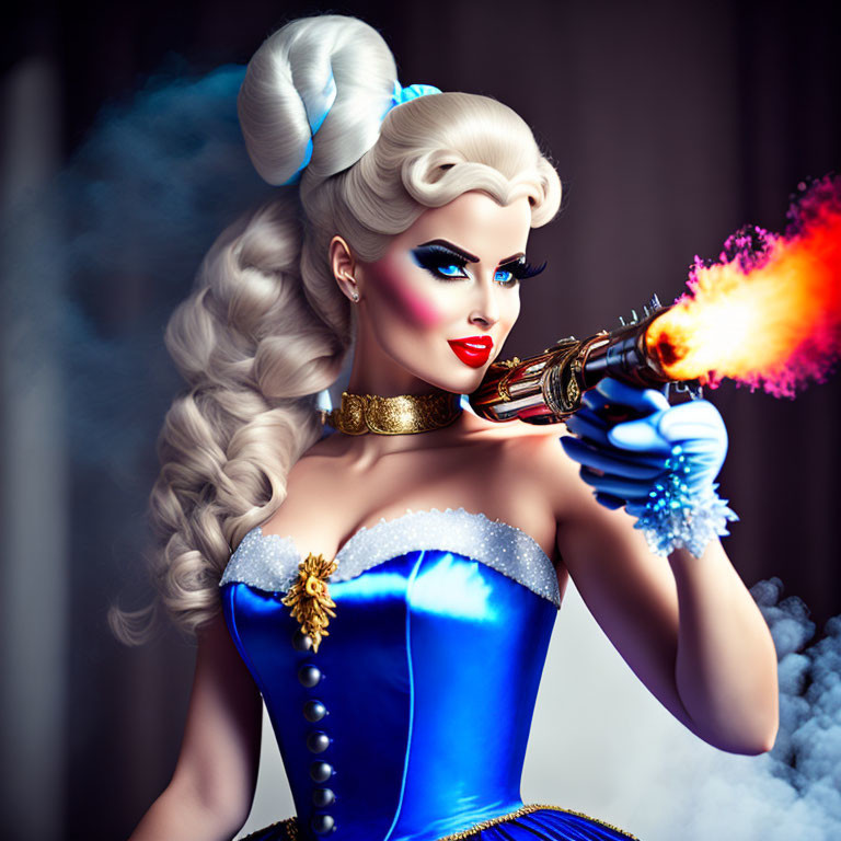 Stylized woman with platinum blonde hair in blue costume aiming flaming lipstick-gun