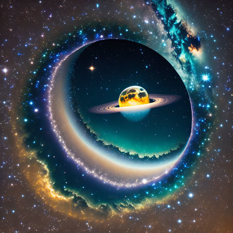 Surreal space scene with glowing celestial body and rings in spiraling galaxy