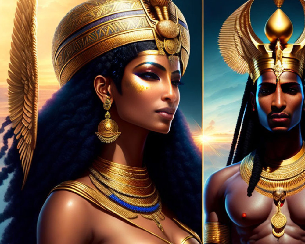 Stylized illustrated portraits of regal woman and man in Egyptian attire