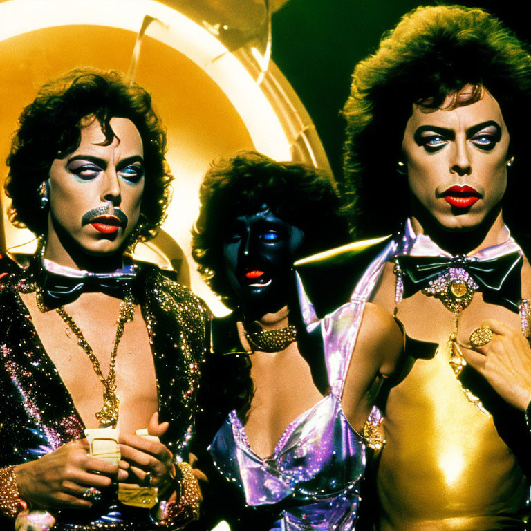 Three flamboyantly dressed individuals with dramatic makeup and hairstyles under a golden backlight