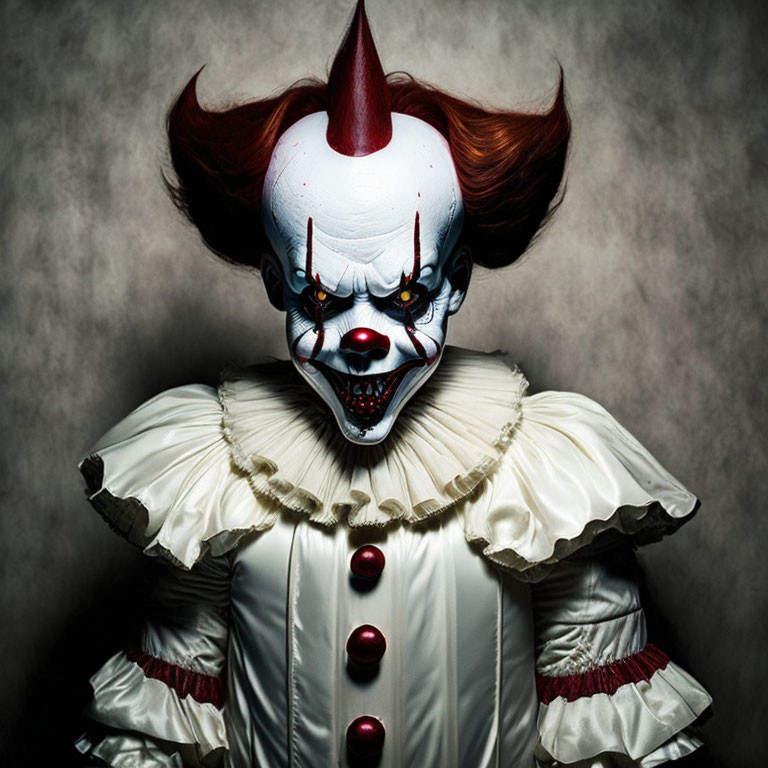 Menacing clown in white and red outfit with sinister face paint