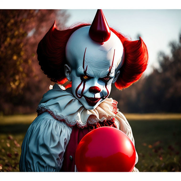 Sinister clown with white face makeup and red balloon at twilight