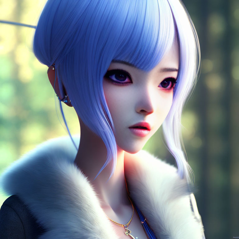 Bright Blue-Haired Female Character in White Fur Garment with Purple Eyes and Green Background