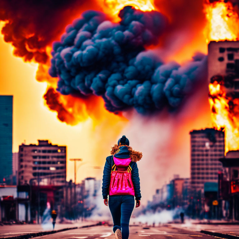 Person walking towards massive fire and smoke plume in urban street at dusk.