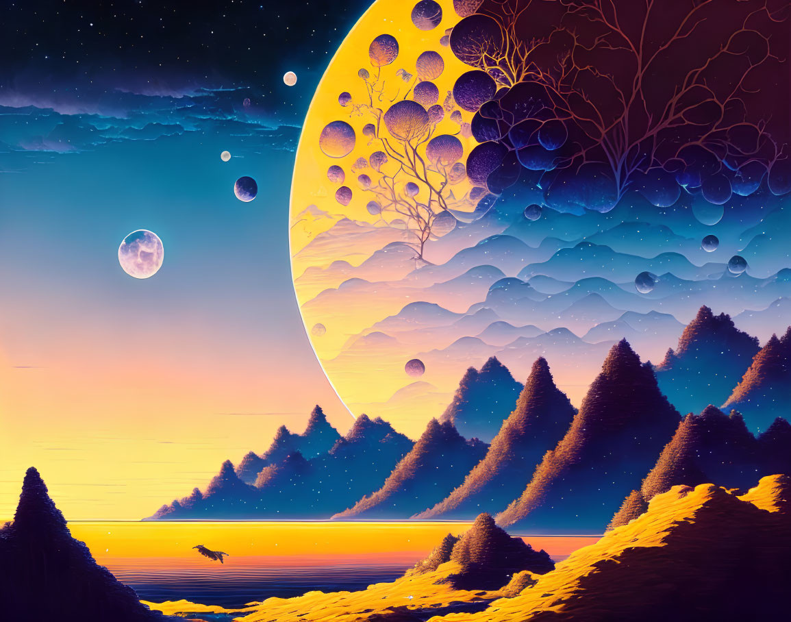 Surreal landscape with moon, circular trees, floating orbs, misty mountains, serene sea,