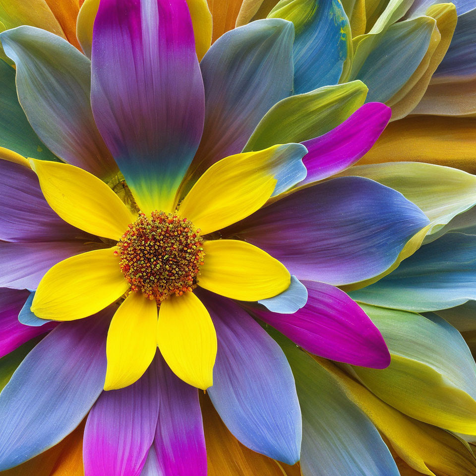 Colorful Rainbow Flower with Yellow Center and Blue, Purple, Orange Petals