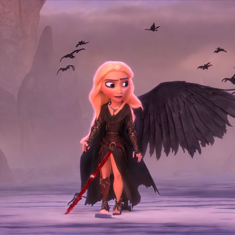 Platinum blonde female character in dark costume with wings and red staff in misty twilight setting with bats