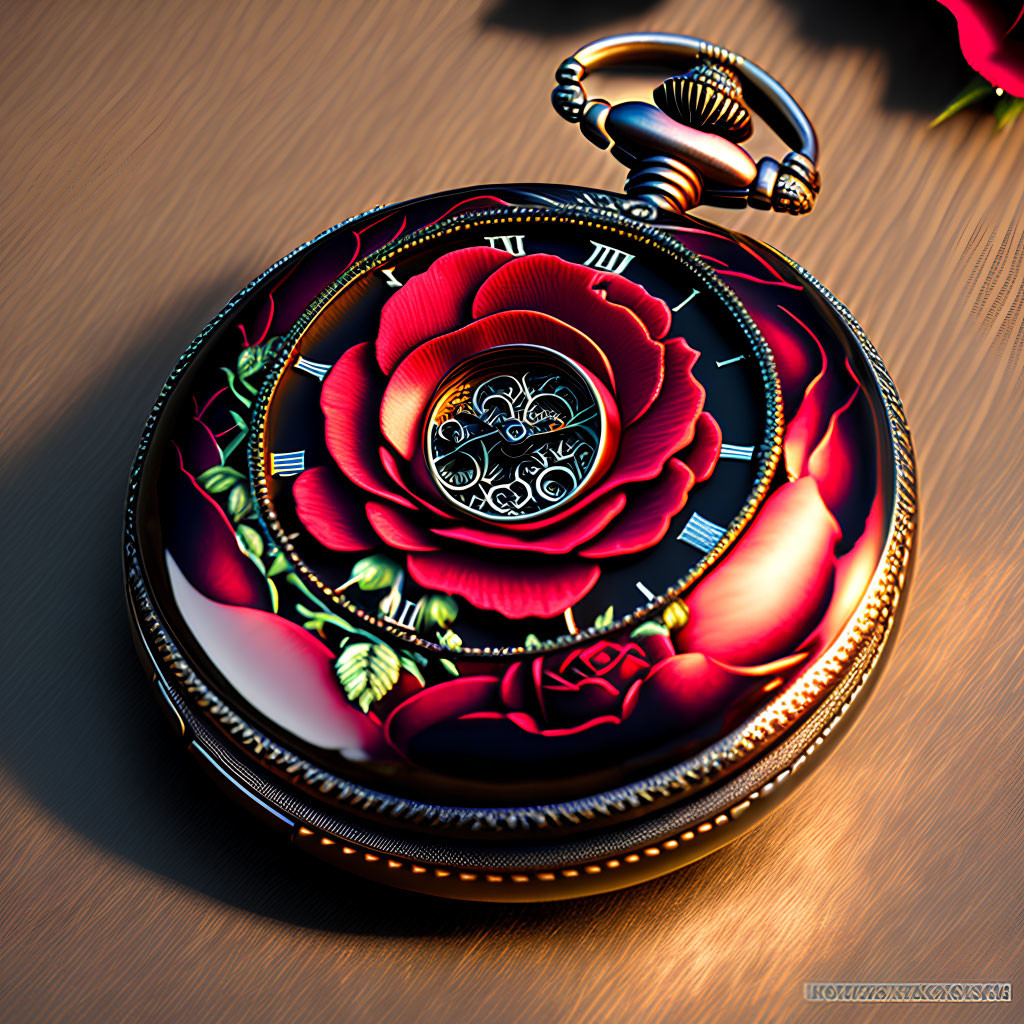 Floral Design Red Rose Pocket Watch on Wooden Surface