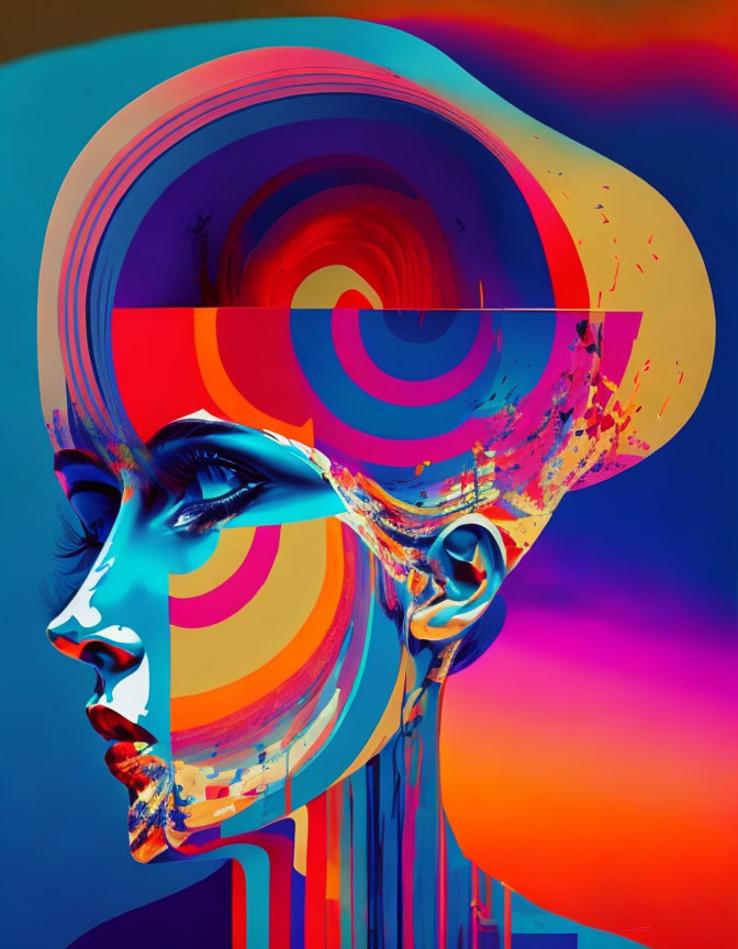 Vibrant digital artwork: human profile with swirling patterns and paint splashes.