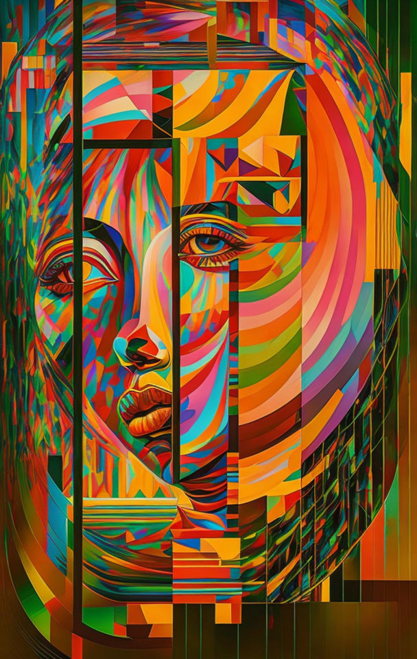 Colorful Cubist-Style Portrait with Geometric Patterns