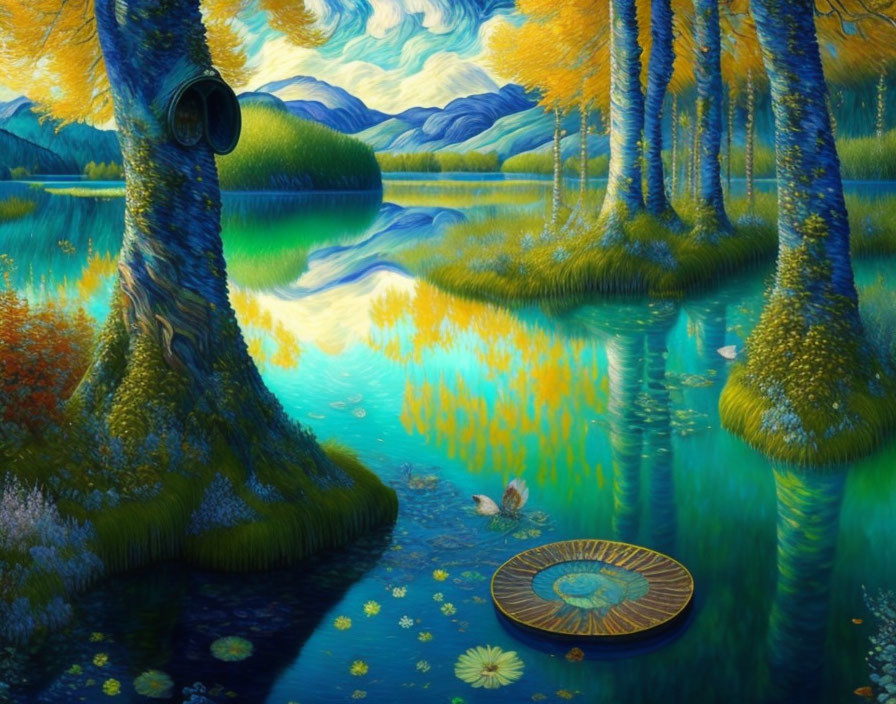 Tranquil surreal landscape with reflective water and vibrant trees