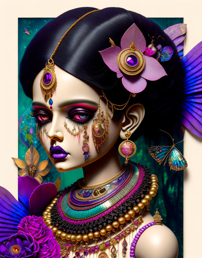 Detailed illustration of woman adorned with traditional jewelry, vibrant makeup, and surrounded by flowers and butterflies.