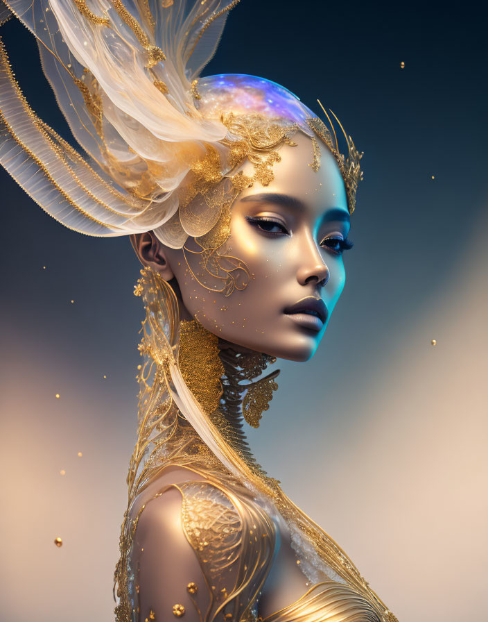 Ethereal female figure with golden headpiece and celestial orb on blue background