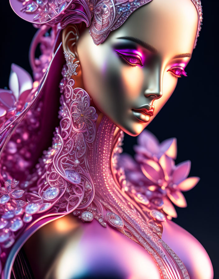 Futuristic female figure with metallic floral designs in vibrant pink.