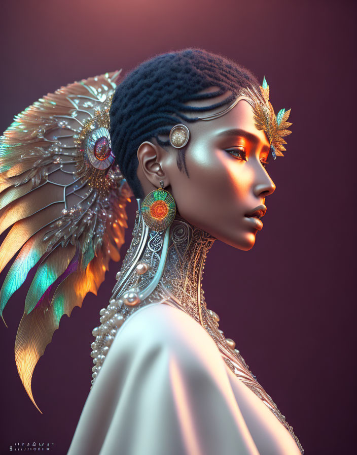 Intricate gold jewelry and feathered accessories on woman in digital art