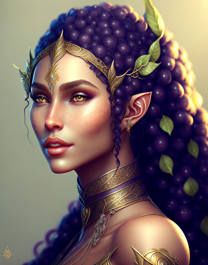 Mystical Elven Woman with Dark Grape-Like Hair and Ornate Gold Jewelry