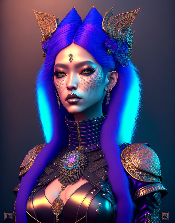 Fantasy character digital artwork with blue skin, purple hair, ornate armor, and intricate facial markings