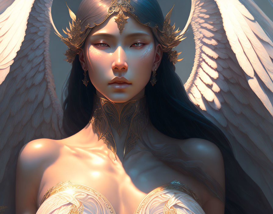 Ethereal figure with golden headdress and white wings.