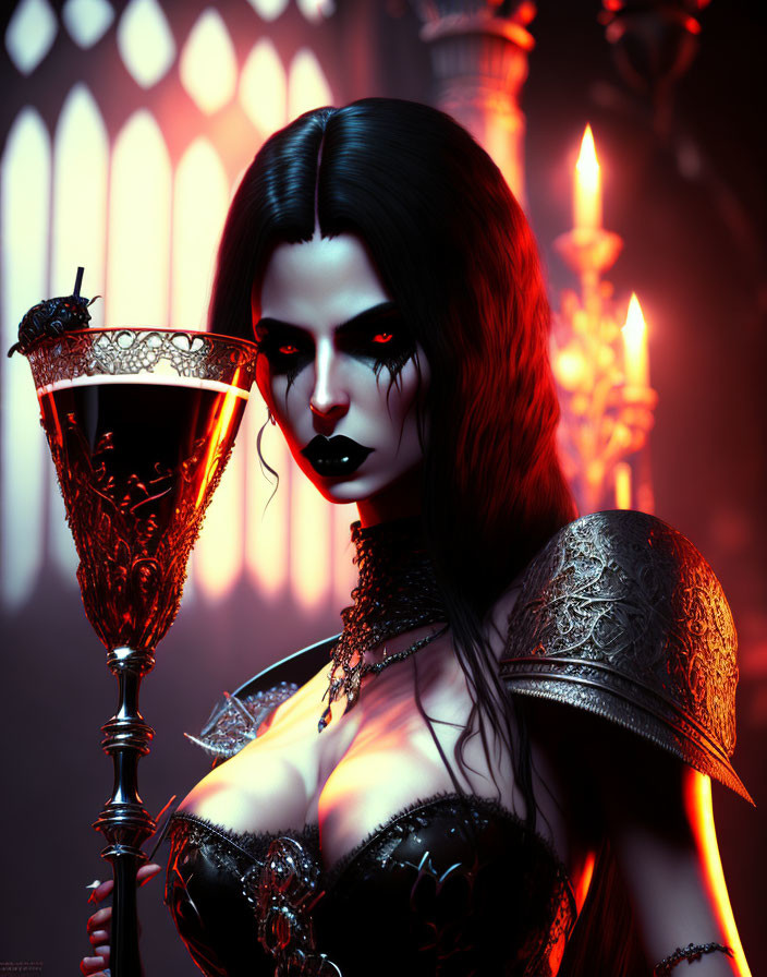 Gothic female figure with chalice in candlelit room