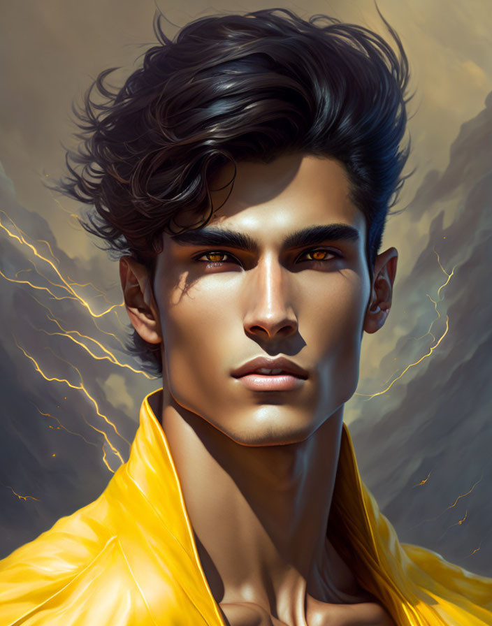 Young man with dark hair in yellow cloak under dramatic lightning.