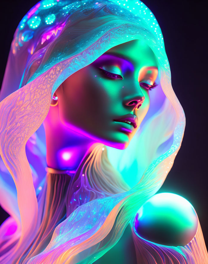 Vibrant digital artwork: Woman with luminescent skin in neon lights