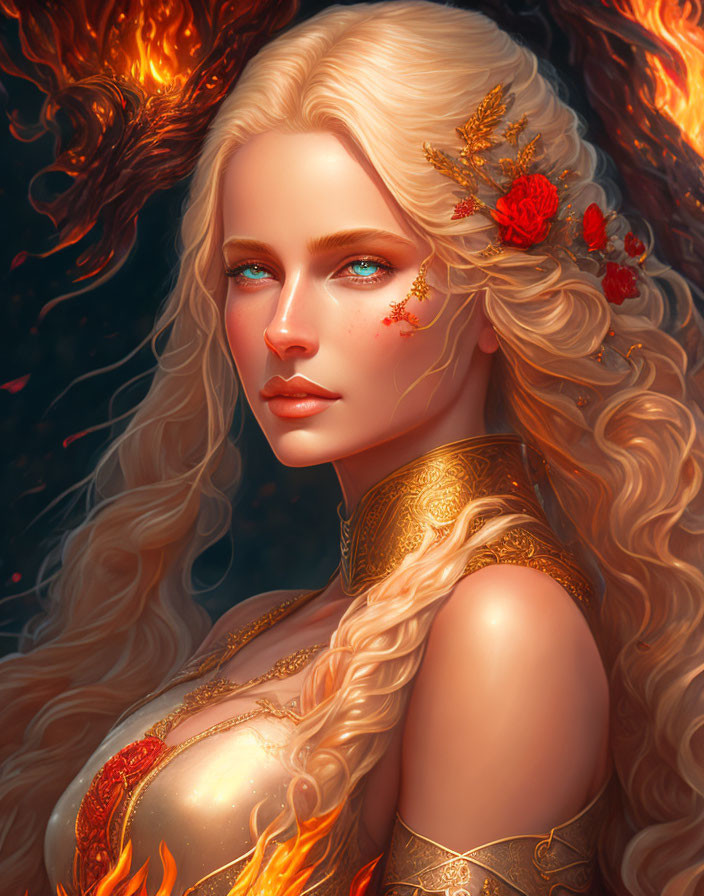 Fantasy portrait of woman with fiery hair and blue eyes in golden jewelry and red flowers against warm backdrop