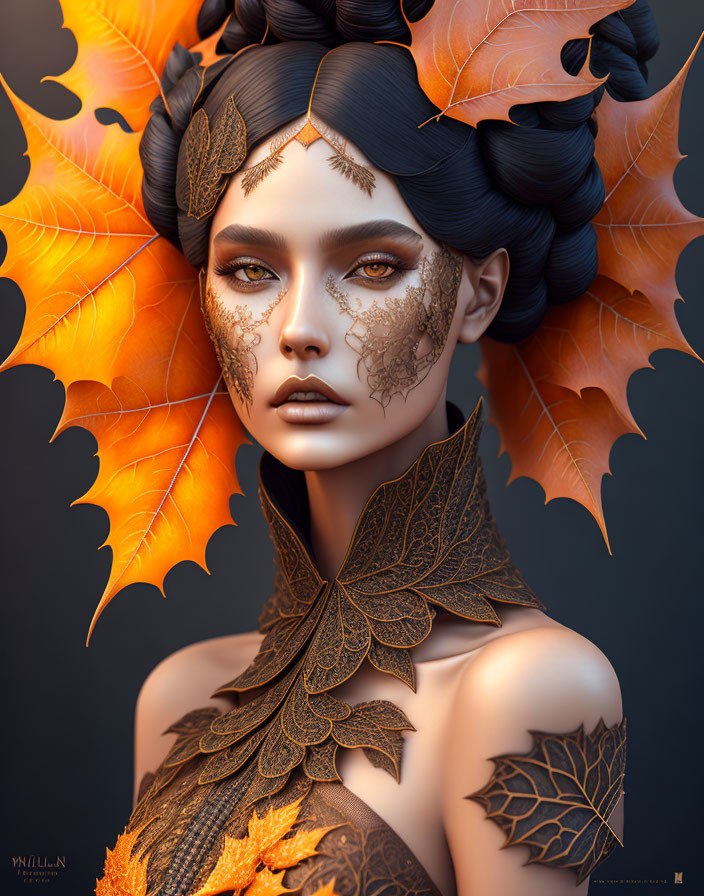 Digital artwork: Woman with autumn leaves on face and body on dark background