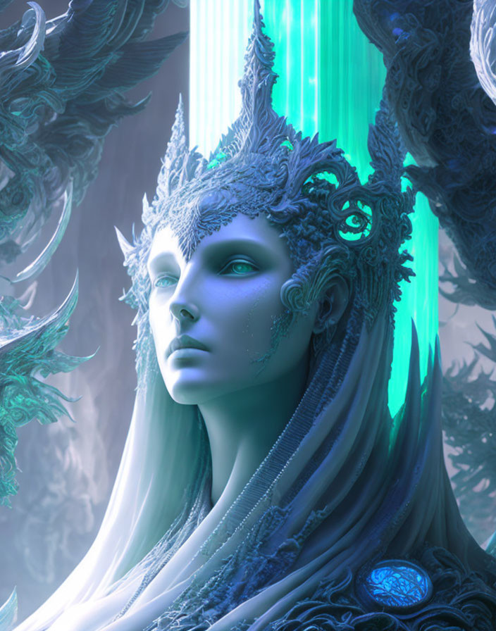 Fantasy illustration of a woman with blue skin and glowing green eyes on mystical teal background